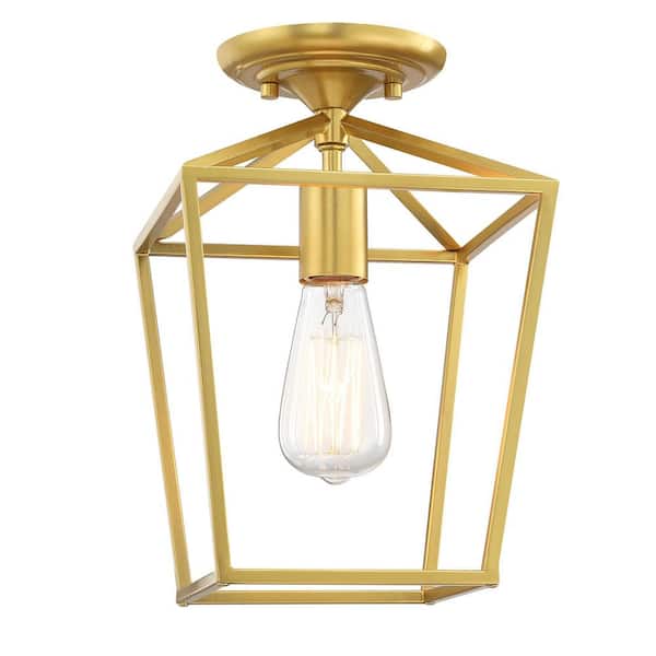 Avex 8 in. 1-Light Gold Modern Vintage Semi-Flush Mount with Steel Cage Shade and No Bulbs Included