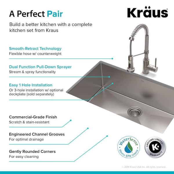 32 in. - All-in-One Stainless Bowl Sink KRAUS Depot KHU100-32-1610-53SS The Steel Kitchen with Faucet Single Undermount Standart Stainless Home Steel PRO in
