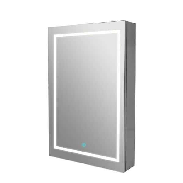 24 in. W x 36 in. H Rectangular Silver Aluminum Surface Mount Medicine Cabinet with Mirror, LED Light, Left Door
