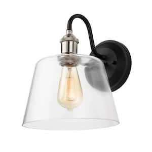 Sherman 9 in. 1-Light Black Wall Sconce with Nickel Accents and Clear Glass