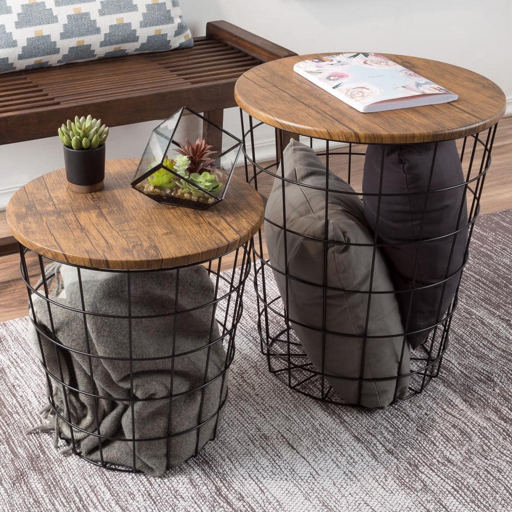 Dark hot Brown Nesting Side Vintage-Look Wood Veneer and Black Metal Round End Tables with Storage-Set of 2