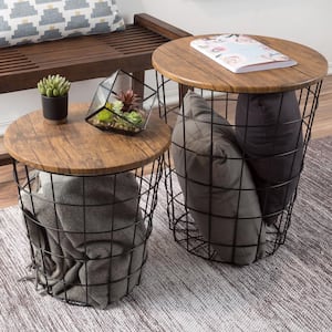Black/Brown 2-Piece Nesting Veneer Metal and Wood Round Accent Table Set