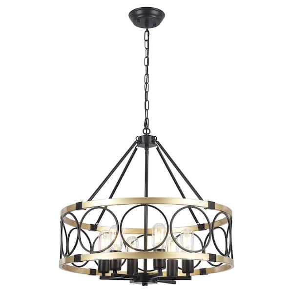 6-Light Black and Gold Farmhouse Chandelier with Metal Shade for Dining Room