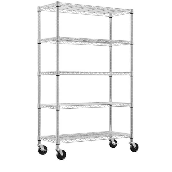 Steel Storage Shelving 5-Tier Utility Shelving Unit with Wheels, Steel Organizer Wire Rack for Home, Kitchen in Chrome