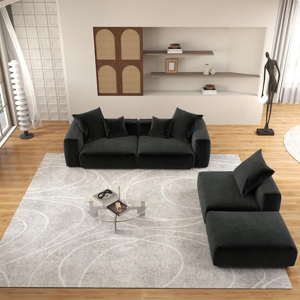 Unbranded 102 in. Square Arm 4-Piece Corduroy Modular Free Combination Sectional Sofa in Black with Ottoman and Removable Cover