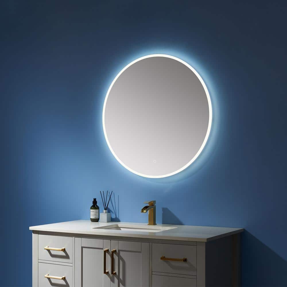 Century 32" Brushed Aluminum Frameless Round Vanity Mirror with LED