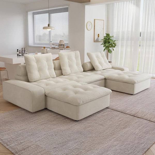 141.77 in. W Square Arm 5-Piece Velvet Modular Deep Seat Sectional Sofa with Ottoman in Beige