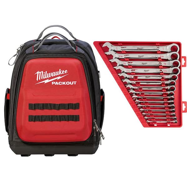 15 in. PACKOUT Backpack with SAE Combination Ratcheting Wrench Set (15-Piece)