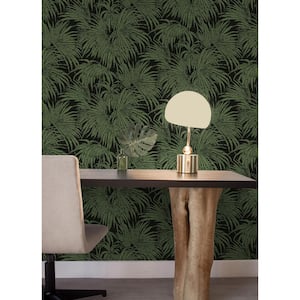 Black & Green Cassava Palm Glossy Vinyl Peel & Stick Wallpaper