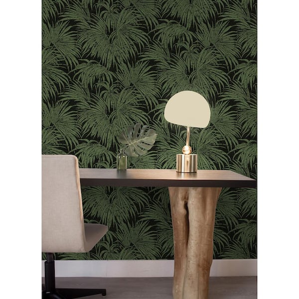 Black & Green Cassava Palm Glossy Vinyl Peel & Stick Wallpaper