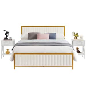 Beige Upholstered Platform Bed Gold Frame and 2 Nightstands with Drawer Set 3-Piece White Metal + Wood Queen Bedroom Set