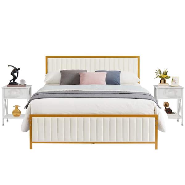 VECELO Beige Upholstered Platform Bed Gold Frame and 2 Nightstands with Drawer Set 3-Piece White Metal + Wood Queen Bedroom Set