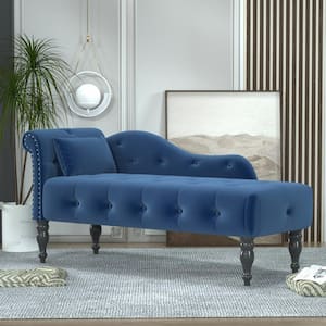 Blue Velvet Right Arm Chaise Lounge with Button Tufted