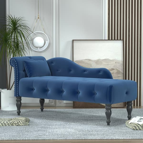 Blue Velvet Right Arm Chaise Lounge with Button Tufted