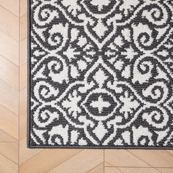 Washable Skid-Resistant Dark Grey/Ivory 2 ft. x 4 ft. All Loop Tufted Area Rug