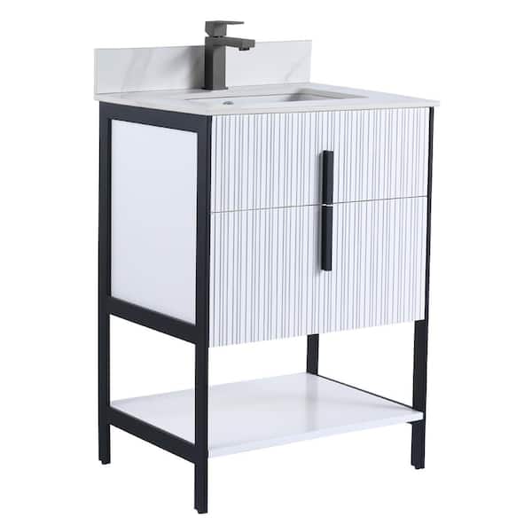 FINE FIXTURES 24 in. W x 18 in. D x 33.5 in. H White Bath Vanity with White Carrara Sintered Stone Top with Black Hardware