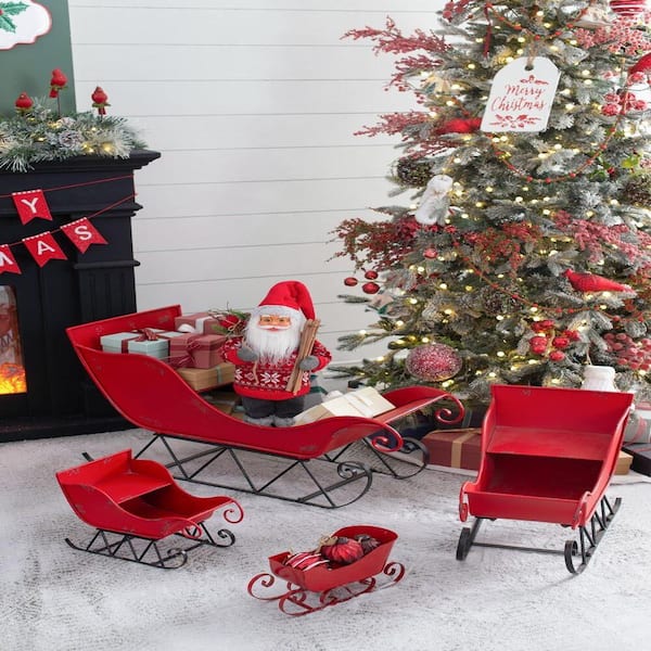 Unbranded 14.5 in. D x 10 in. W x 11 in. H Iron Red Distressed Small Christmas Santa Sleigh Holiday Tabletop or Hanging Decoration