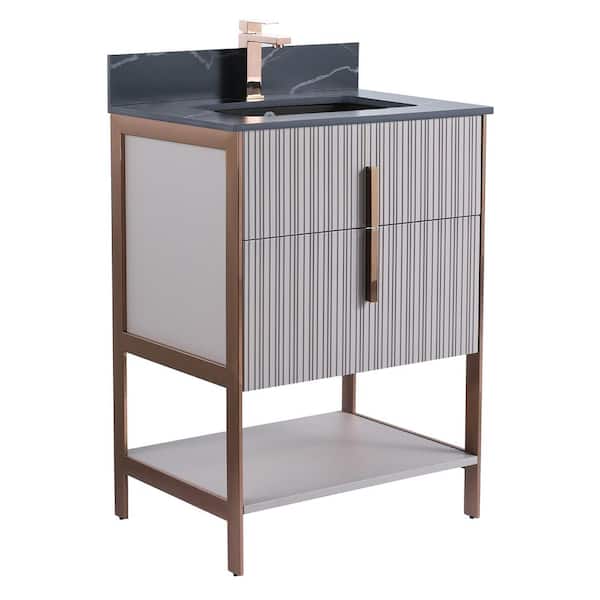 FINE FIXTURES 25 in. W x 18 in. D x 33.5 in. H Bath Vanity in Taupe with Black Marble Stone Top in Black With Rose Gold Hardware