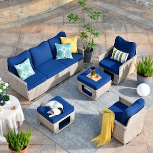 Aphrodite 5-Piece Wicker Outdoor Patio Conversation Seating Sofa Set with Navy Blue Cushions