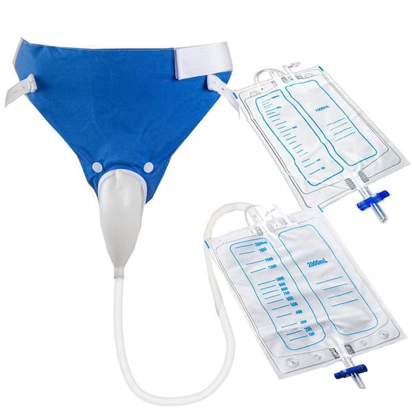 Waterless Urinal in Blue with Silicone Reusable Capsule, 2000ml & 1000ml Bags, 1.2M Tube, Cotton Pants for Men