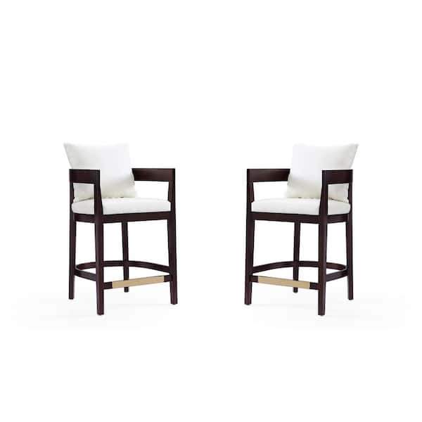 Manhattan Comfort Ritz 26.5 in. Ivory and Dark Walnut Beech Wood Counter Stool with Faux Leather Upholstered Seat (Set of 2)