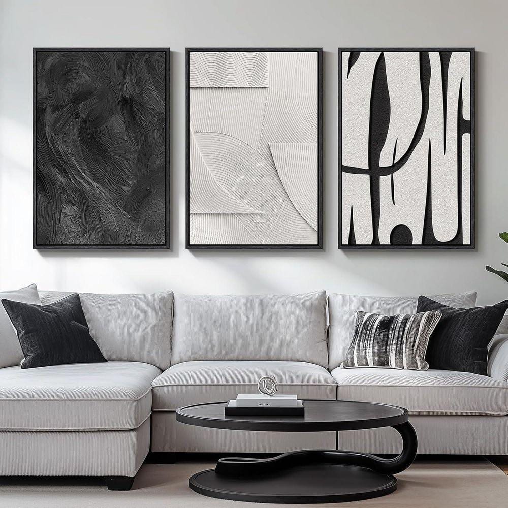 3 Piece Large 3D Textured Framed Black and White Abstract Wall Art