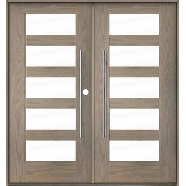 Krosswood Doors Faux Pivot 72 in. x 80 in. Left-Active/Inswing 5 Lite Clear Glass Oil Leather Stain Double Fiberglass Prehung Front Door
