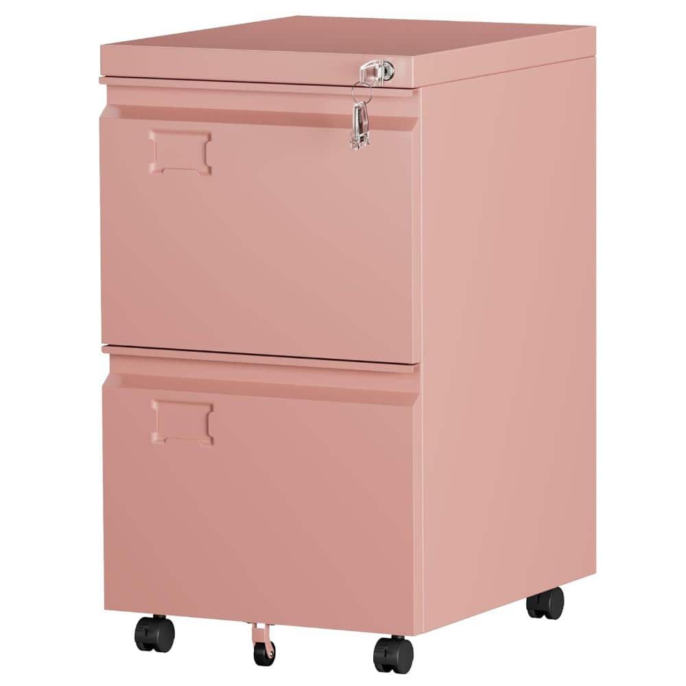 2-Drawer Pink Metal 14.57 in. W Vertical File Cabinet Rolling Storage Cabinet with Locker for Office Home