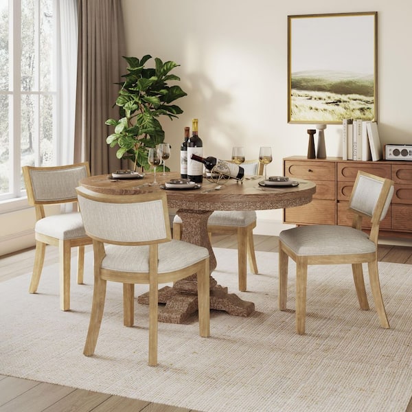 Debra 5-Piece Expandable Round Dining Set with Cushioned Seats, Solid Wood, Natural plus Beige