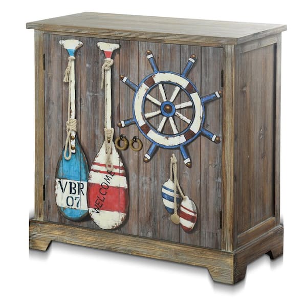 StyleCraft Key West Gray Driftwood, Painted Coastal Print Accent Storage Cabinet