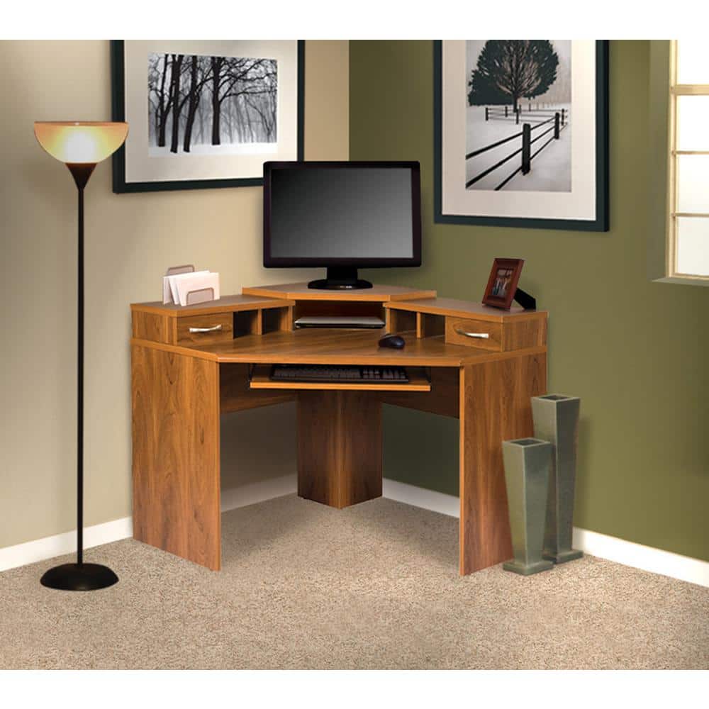 Autumn Oak 42" Corner Desk with Keyboard Tray and Drawers