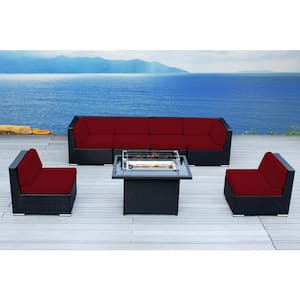 Ohana Black 7 -Piece Wicker Patio Fire Pit Seating Set with Sunbrella Jockey Red Cushions