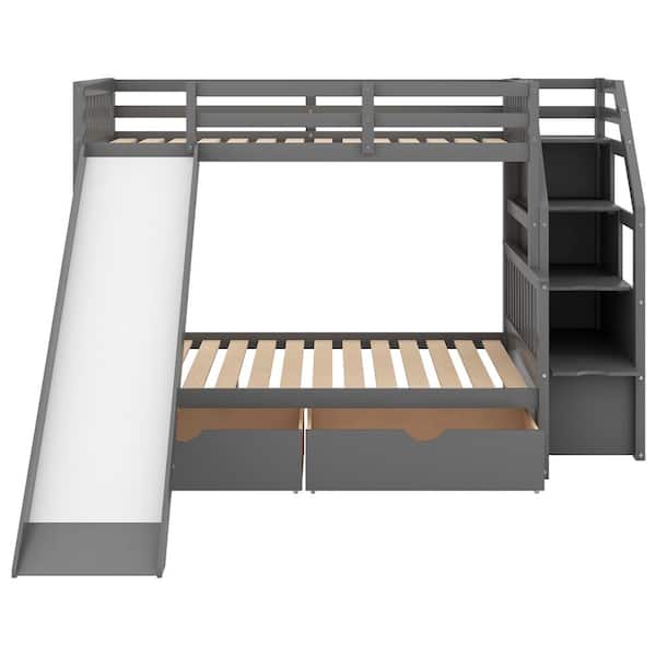 ANBAZAR Gray Twin Over Full Bunk Bed Frame with Slide and Staircases, Wooden Kids Bunk Bed Frame with 2 Storage Drawers