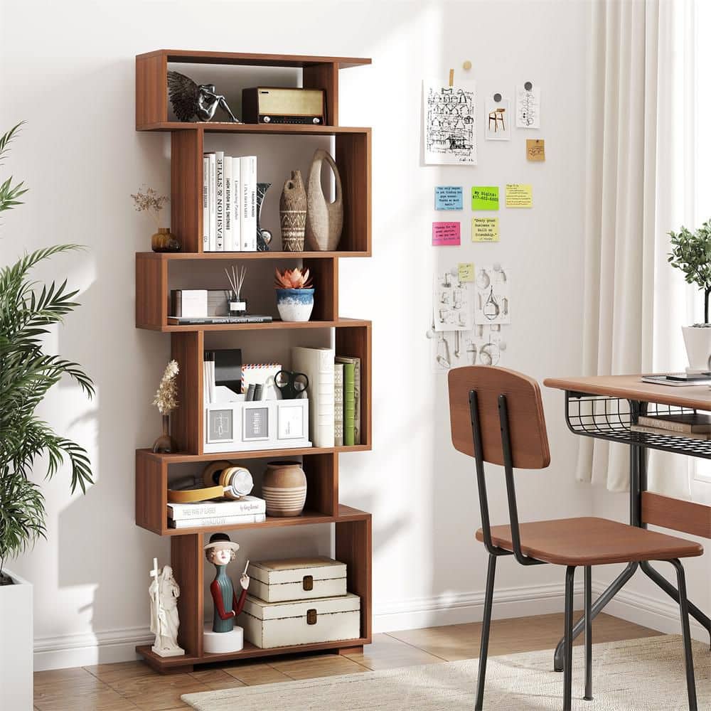 HONEY JOY 6-tier S-shaped Bookshelf 64 in. Tall Walnut Home Wood