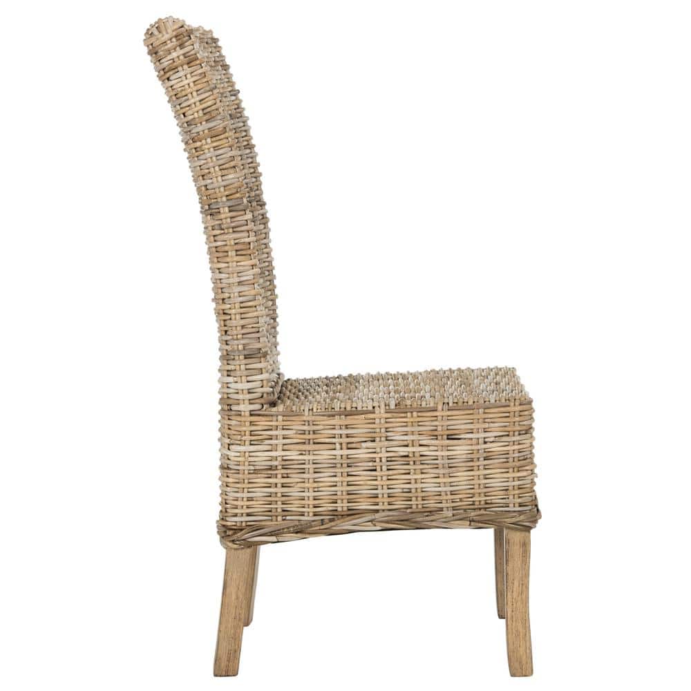 High-Back Rattan & Mango Wood Side Chair in Natural Grey (Set of 2)