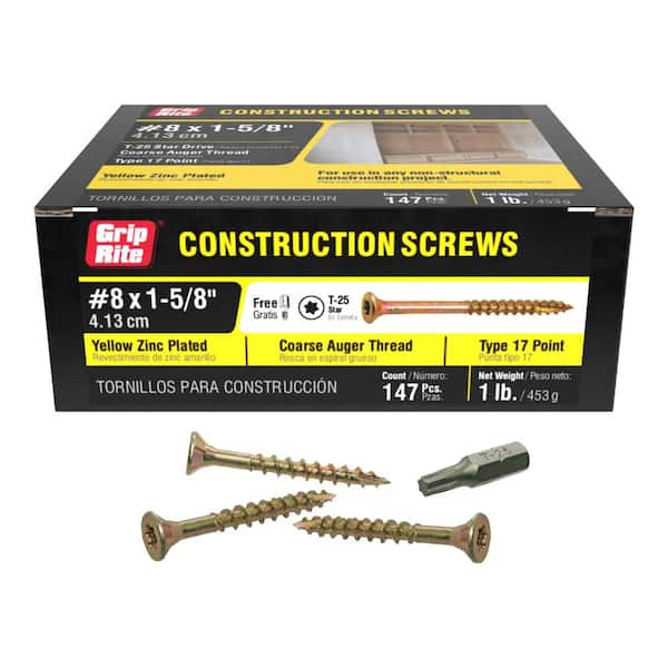 Grip-Rite #8 x 1-5/8 in. Star Drive Bugle Head Coarse Thread Construction Screws 1 lb. Box