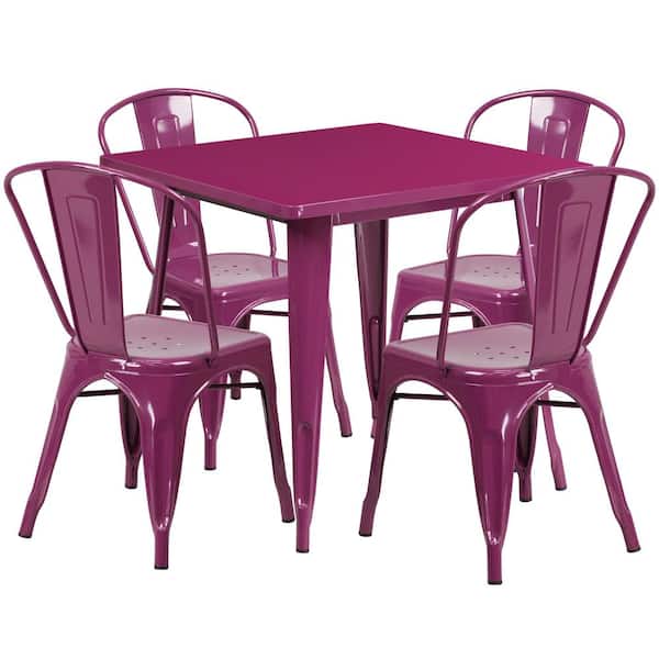 Unbranded Metal Outdoor Dining Table 31.5 in. Square Metal Indoor-Outdoor Table Set with 4 Stack Chairs in Purple