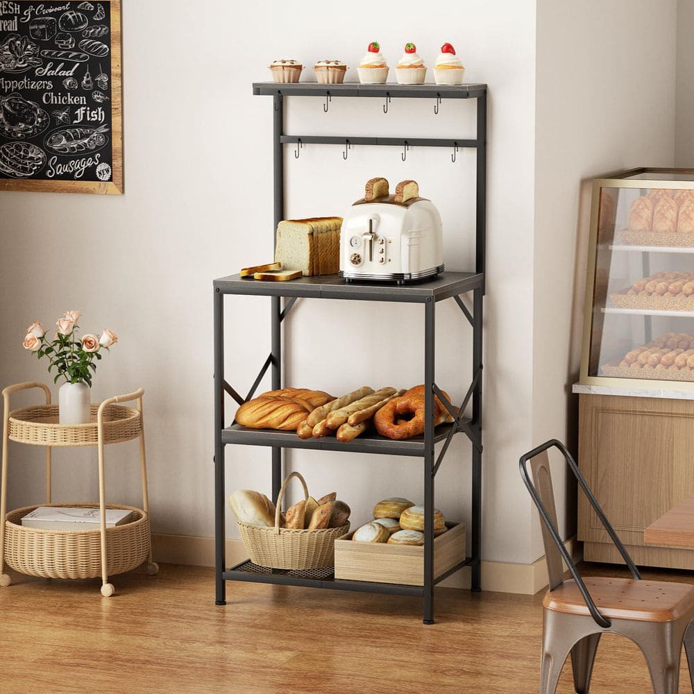 4 Tiers Black Freestanding Metal Pantry Organizer with Storage Shelves and 8 Hooks, Adjustable Height Shelves