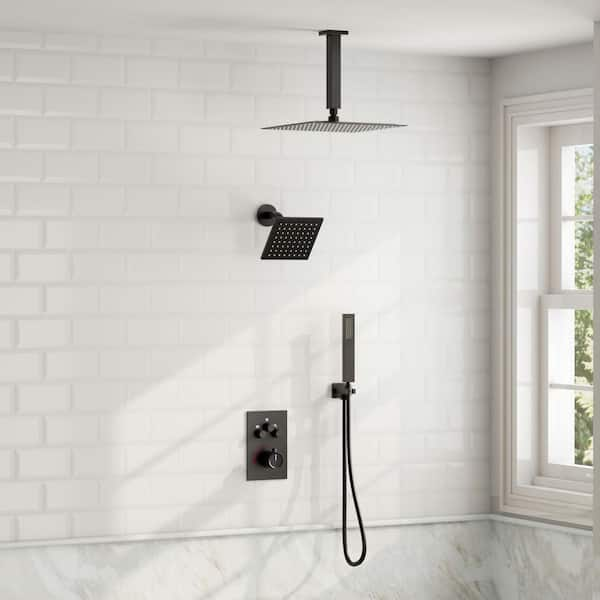 Multiple Press 7-Spray Ceiling Mount Anti Scald 12 in. Fixed and Handheld Shower Head in Matte Black Valve Included