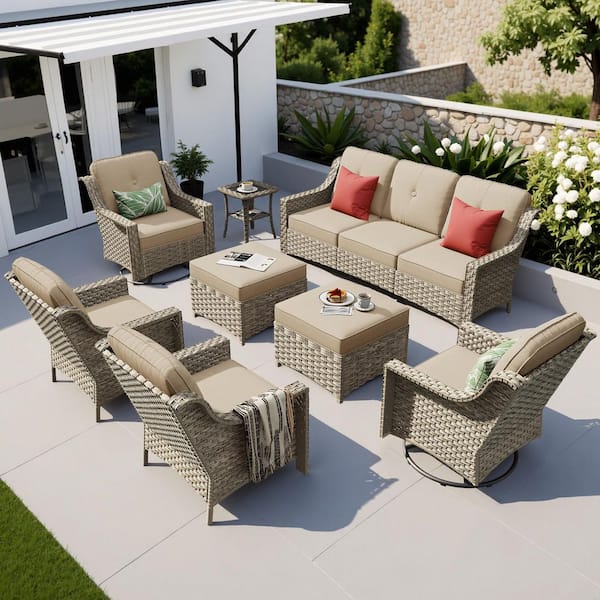 TranquilNest 8 Pieces Wicker Patio Conversation Seating Sofa Set with Beige Cushions and Swivel Rocking Chairs