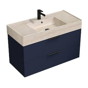 Derin 39.53 in. W x 18.11 in. D x 25.2 in. H Modern Bathroom Vanity in Night Blue with Beige Travertine Ceramic Top