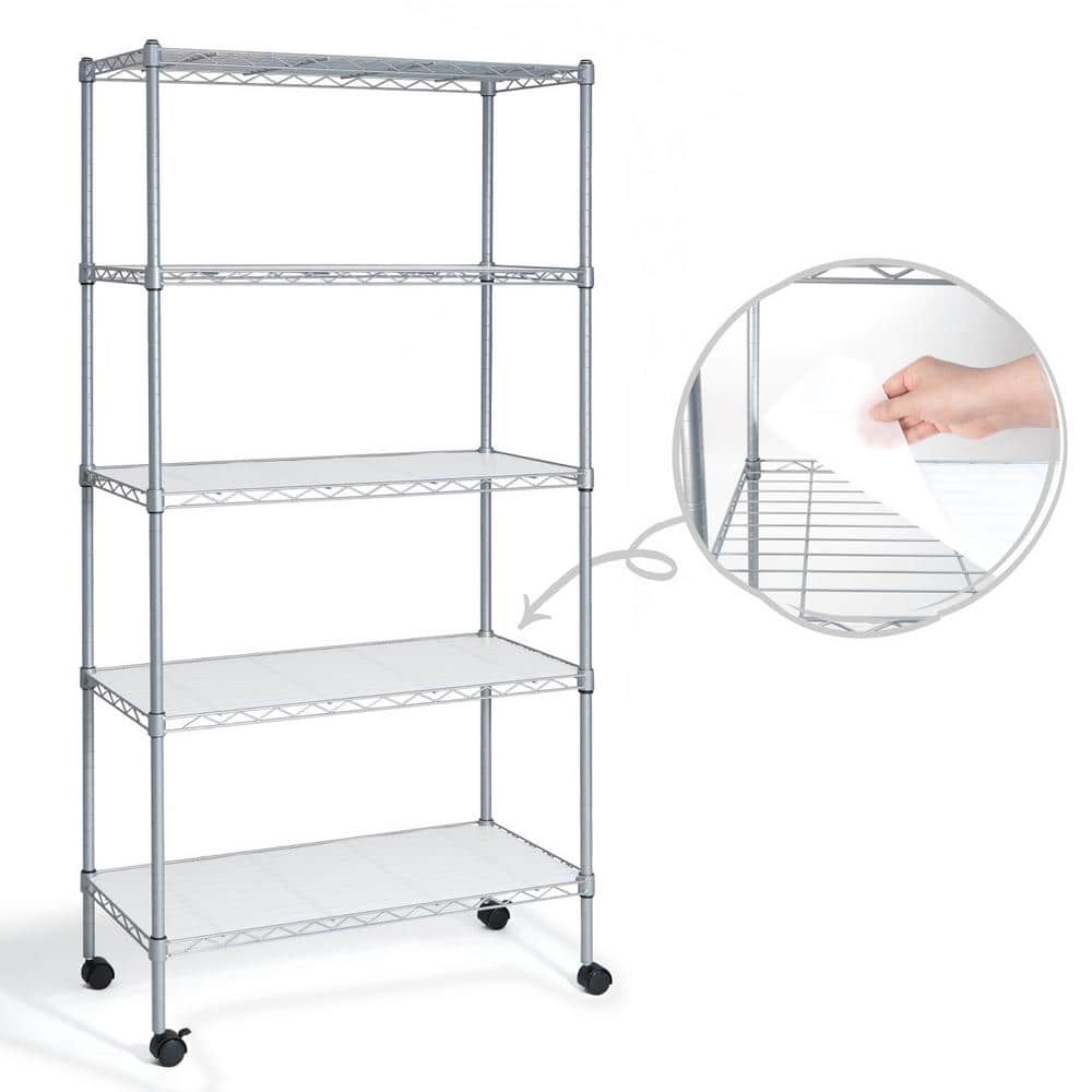 Silver 5-Tier Adjustable Steel Wire Shelving Unit with Wheels