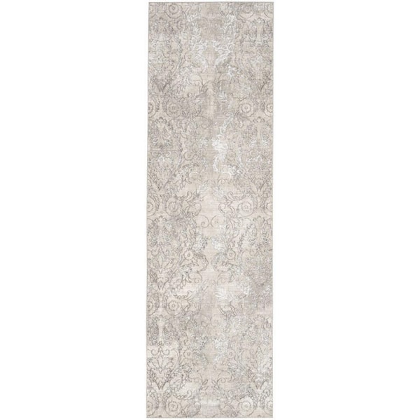 Nourison Iliana Light Grey 2 ft. x 8 ft. Damask Contemporary Runner Area Rug