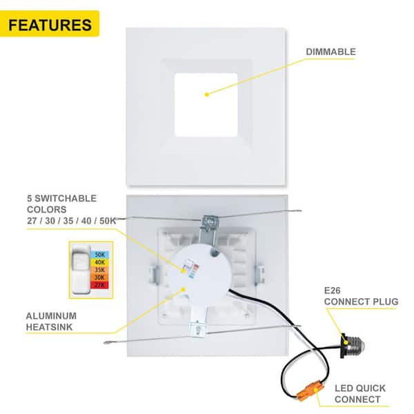 6 in. 14-Watt LED White Square Retrofit Recessed Housing Light 5 CCT 2700K to 5000K IC Rated Remodel Dimmable (4-Pack)