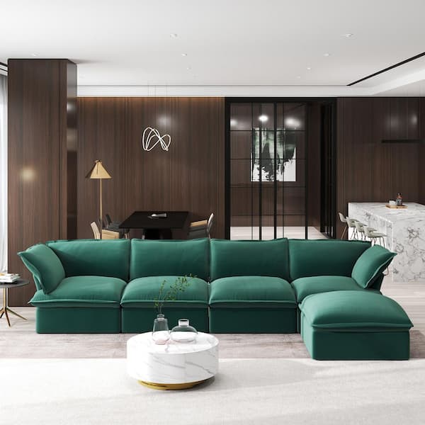 J&E Home 162.98 in Wide Flared Arm Linen Down-Filled Deep Seat Modular Sofa Free Combination in. Green