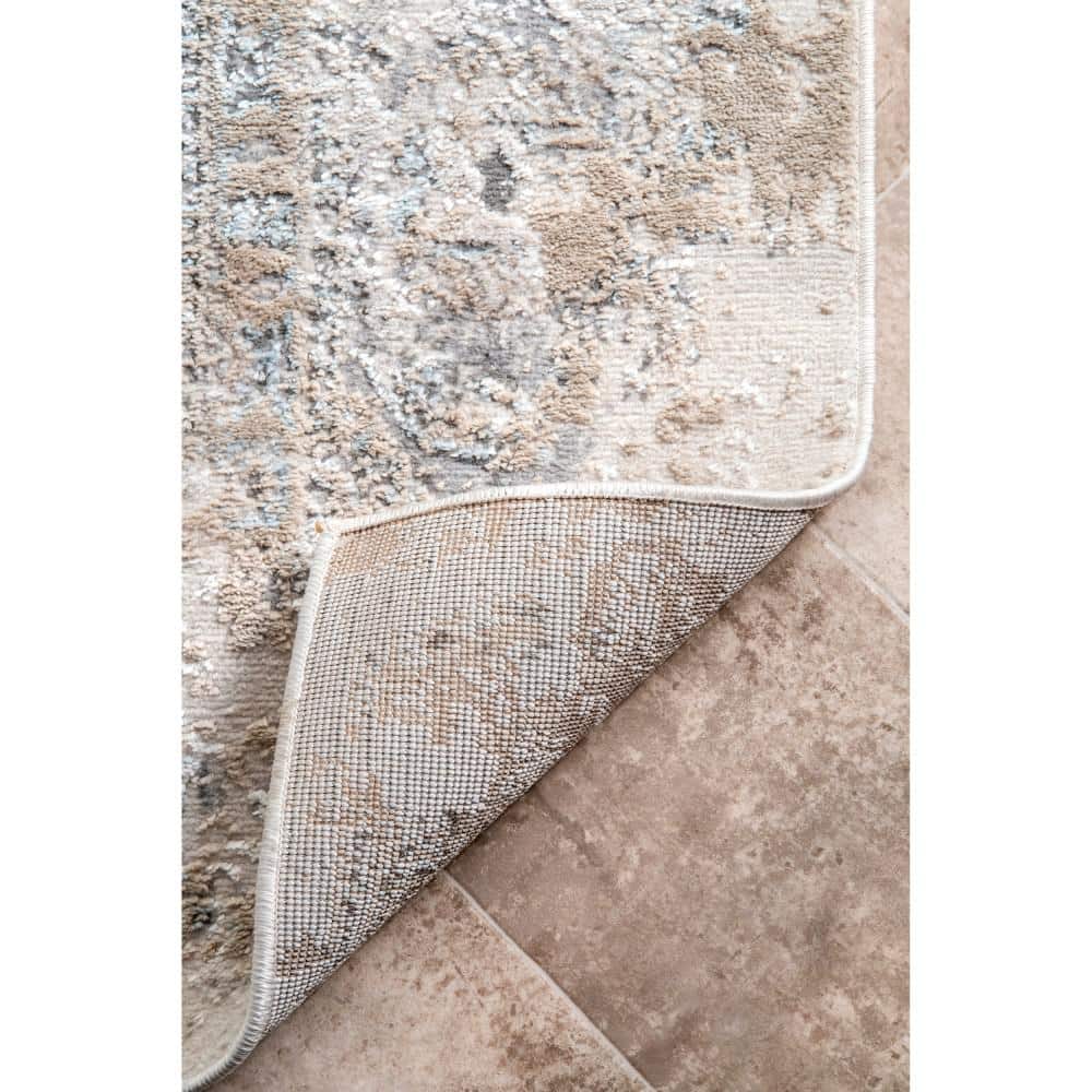 Silver and Beige Oriental Synthetic 4' x 6' Area Rug