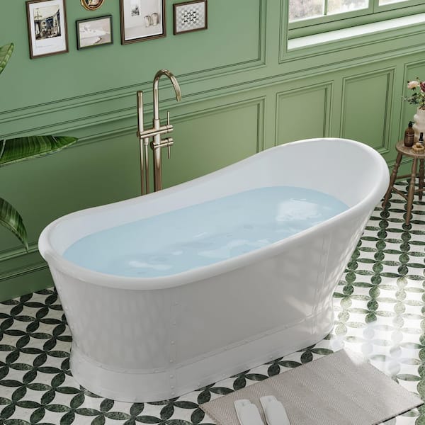 66 in. x 30 in. Acrylic Oval Flat Bottom Freestand Soaking Bathtub with Drain in Glossy White