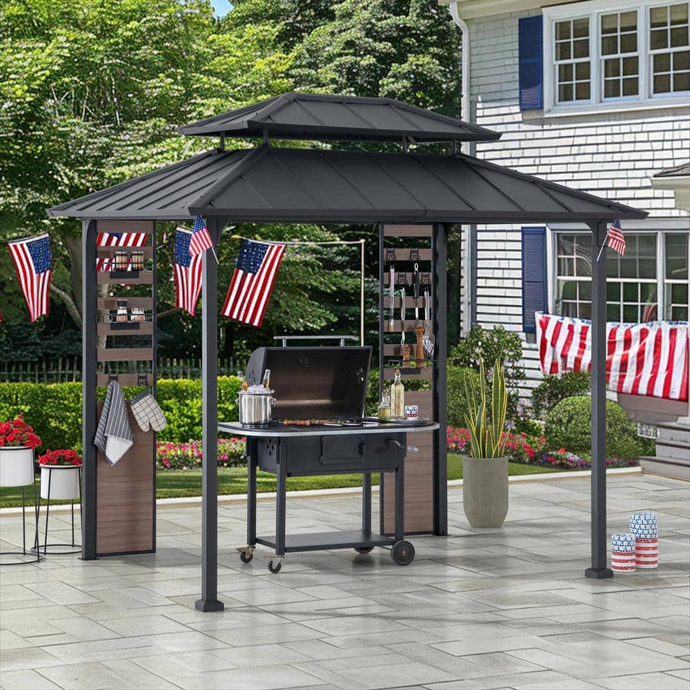 Matte Black 7 x 9 ft. 2-Tier Hardtop Grill Gazebo with Storage Shelves