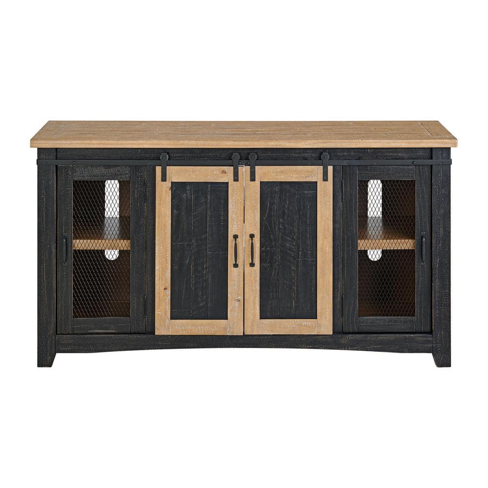 Rustic Black and Driftwood Pine Wood TV Stand with Cabinet