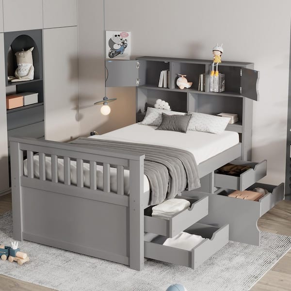 Harper & Bright Designs Gray Wood Frame Twin Size Captain Platform Bed with 4-Drawer, Storage Headboard Including Shelves, Compartments